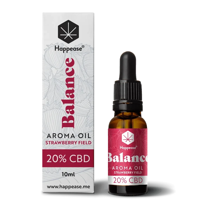 Happease CBD Oil Balance Strawberry Field 20% CBD bottle and box.