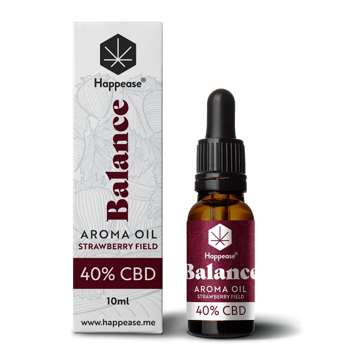 Happease CBD Oil Balance Strawberry Field 40% CBD bottle and box.