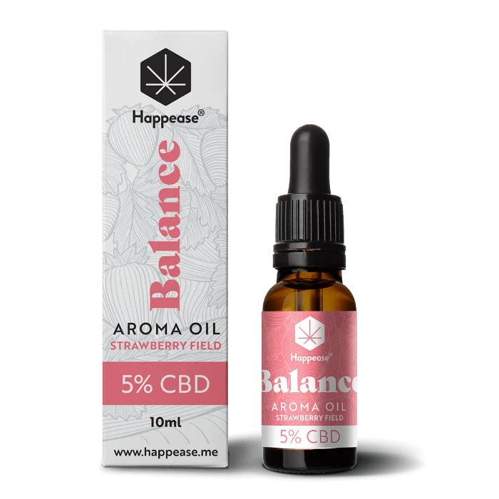 Happease CBD Oil Balance Strawberry Field 5% CBD bottle and box.
