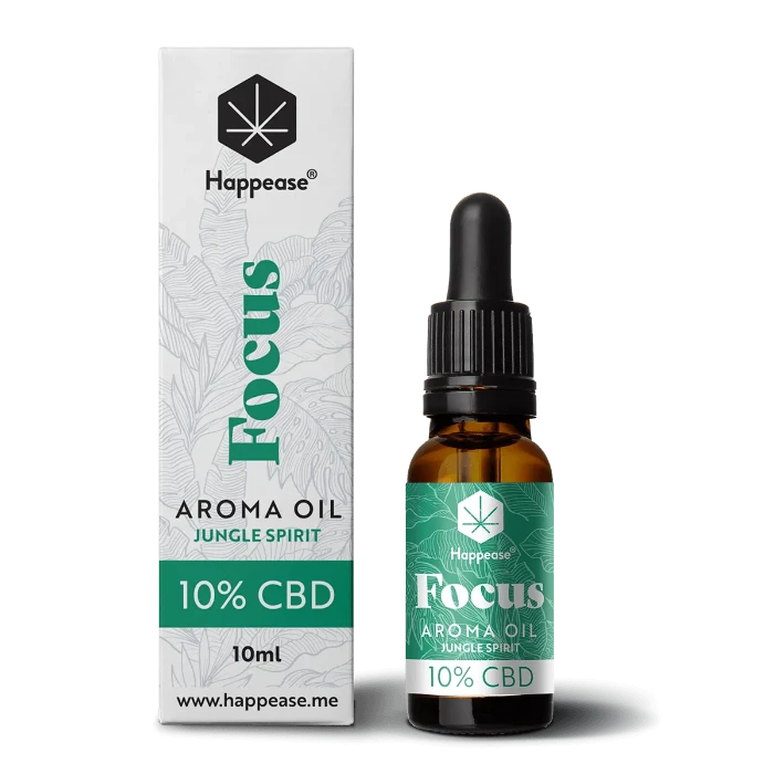 Happease CBD Oil Focus Jungle Spirit 10% CBD bottle and box.