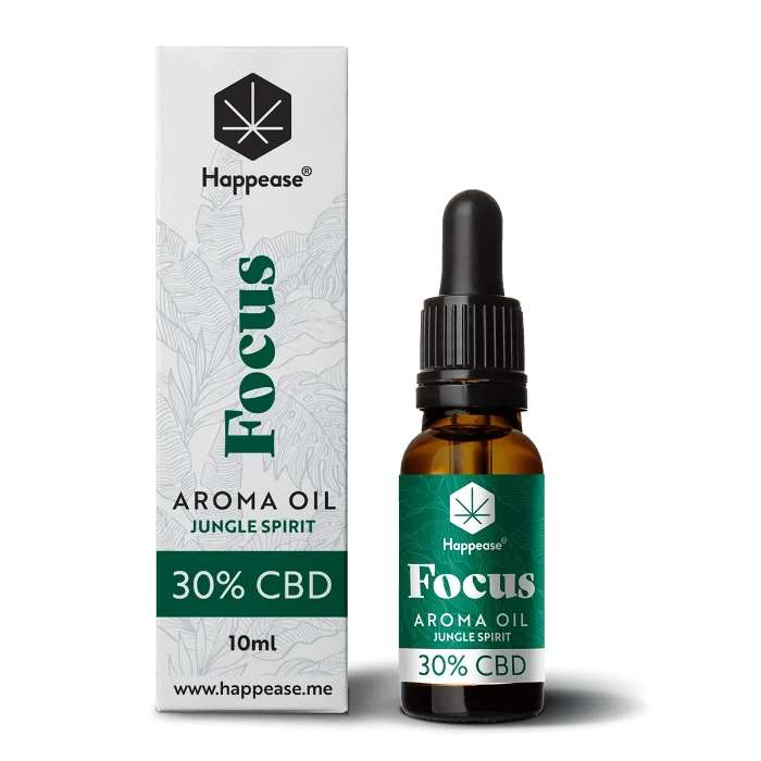 Happease CBD Oil Focus Jungle Spirit 30% CBD bottle and box.