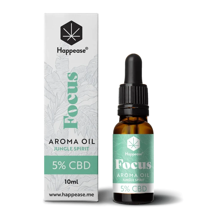 Happease CBD Oil Focus Jungle Spirit 5% CBD bottle and box.