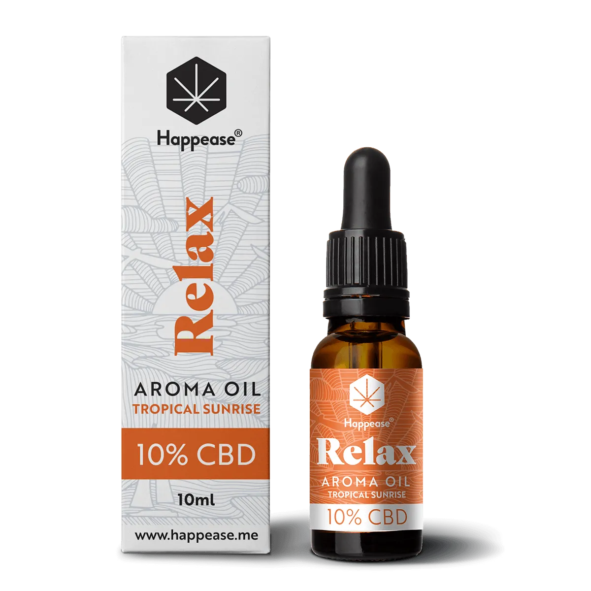 Happease CBD Oil Relax Tropical Sunrise 10% CBD bottle and box.