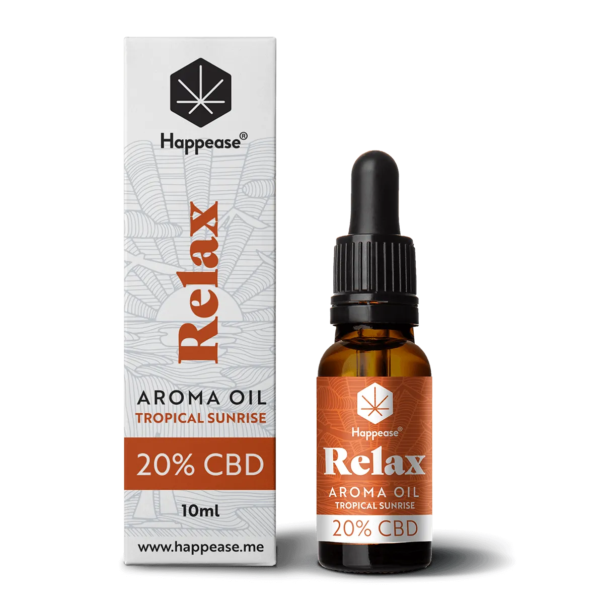 Happease CBD Oil Relax Tropical Sunrise 20% CBD bottle and box.