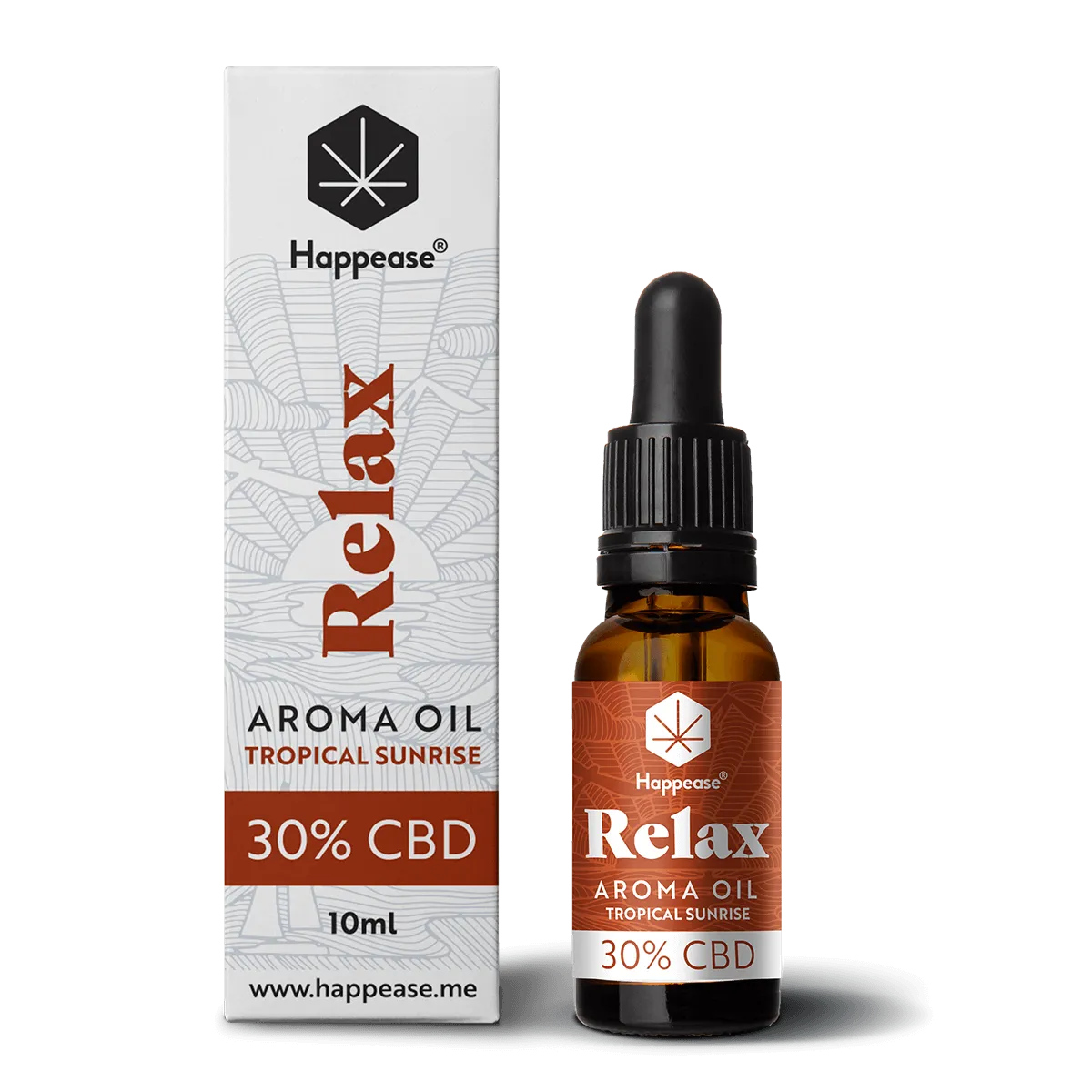 Happease CBD Oil Relax Tropical Sunrise 30% CBD bottle and box.