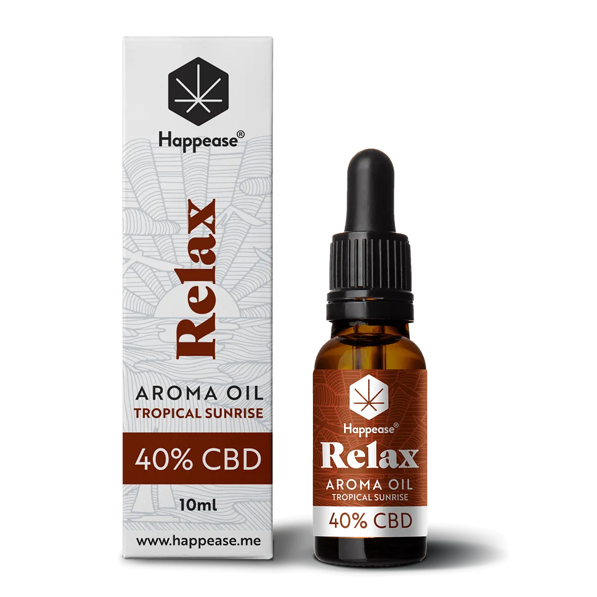 Happease CBD Oil Relax Tropical Sunrise 40% CBD bottle and box.