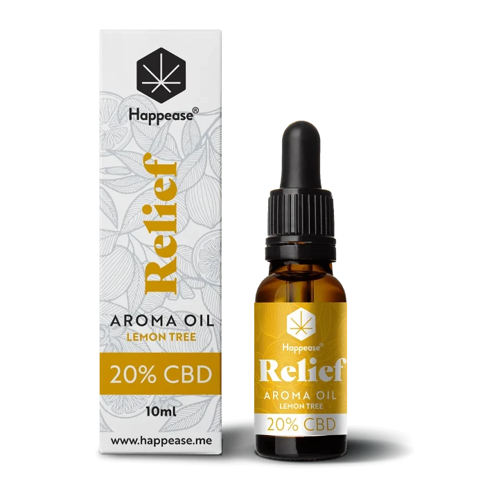 Happease CBD Oil Relief Lemon Tree 20% CBD bottle and box.