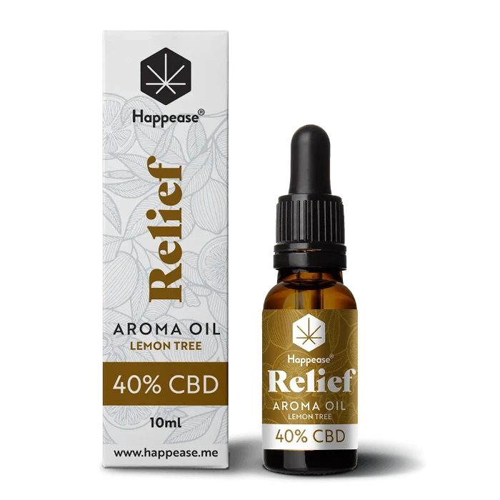 Happease CBD Oil Relief Lemon Tree 40% CBD bottle and box.