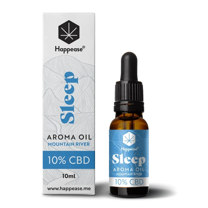 Happease CBD Oil Sleep Mountain River 10% CBD bottle and box.
