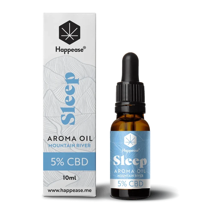 Happease CBD Oil Sleep Mountain River 5% CBD bottle and box.