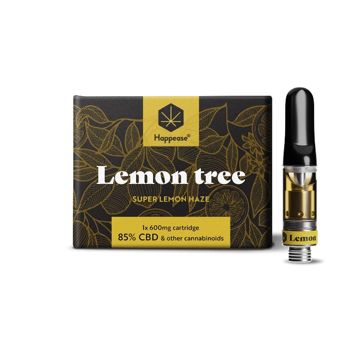 Happease Vape Refill 85% Cannabinoids CBD-CBG-CBN Lemon Tree, box and cartridge, standing upright.