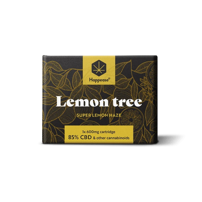 Happease Vape Refill 85% Cannabinoids CBD-CBG-CBN Lemon Tree, box, standing upright.