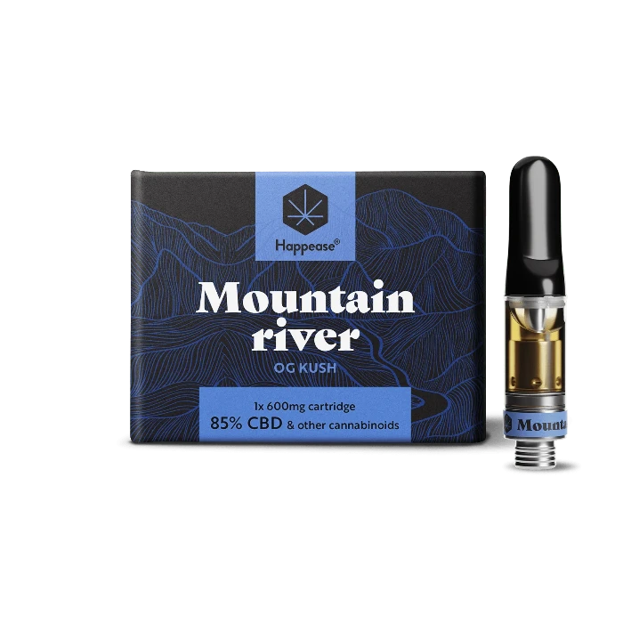 Happease Vape Refill 85% Cannabinoids CBD-CBG-CBN Mountain River box and refill, standing upright.