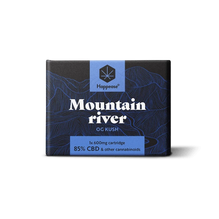 Happease Vape Refill 85% Cannabinoids CBD-CBG-CBN Mountain River box, standing upright.