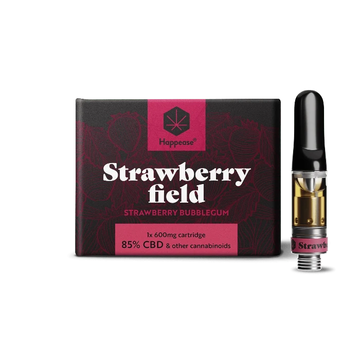 Happease Vape Refill 85% Cannabinoids CBD-CBG-CBN Strawberry Field, box and cartridge, standing upright.