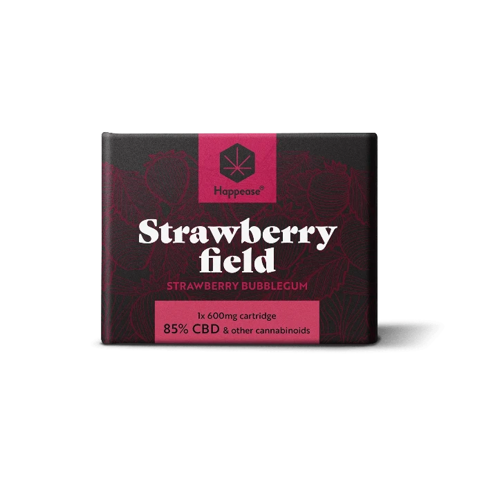 Happease Vape Refill 85% Cannabinoids CBD-CBG-CBN Strawberry Field, box, standing upright.