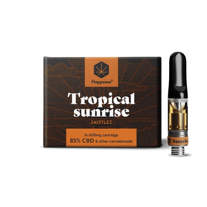 Happease Vape Refill 85% Cannabinoids CBD-CBG-CBN Tropical Sunrise, box and cartridge, standing upright.