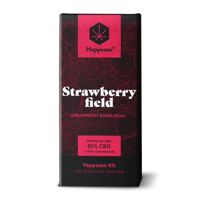 Happease Vaping Starter Kit 85% Cannabinoids CBD-CBG-CBN Strawberry Field box, standing upright.