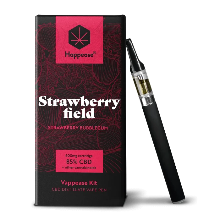 Happease Vaping Starter Kit 85% Cannabinoids CBD-CBG-CBN Strawberry Field box and vaporizer, standing upright.