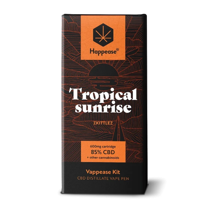 Happease Vaping Starter Kit 85% Cannabinoids CBD-CBG-CBN Tropical Sunrise box, standing upright.