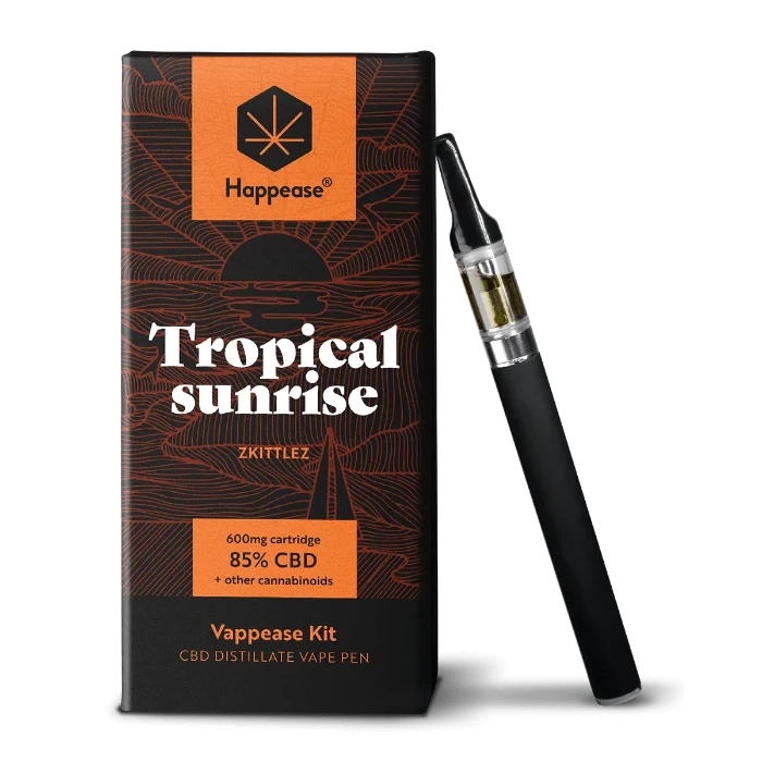Happease Vaping Starter Kit 85% Cannabinoids CBD-CBG-CBN Tropical Sunrise box and vaporizer, standing upright.