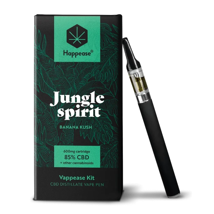 Happease Vaping Starter Kit 85% Cannabinoids Jungle Spirit box and vaporizer, standing upright.