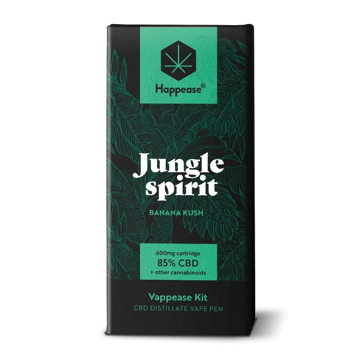 Happease Vaping Starter Kit 85% Cannabinoids Jungle Spirit box, standing upright.