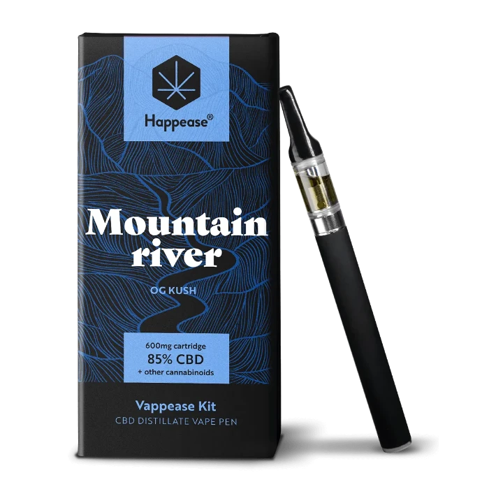 Happease Vaping Starter Kit 85% Cannabinoids Mountain River box and vaporizer, standing upright.