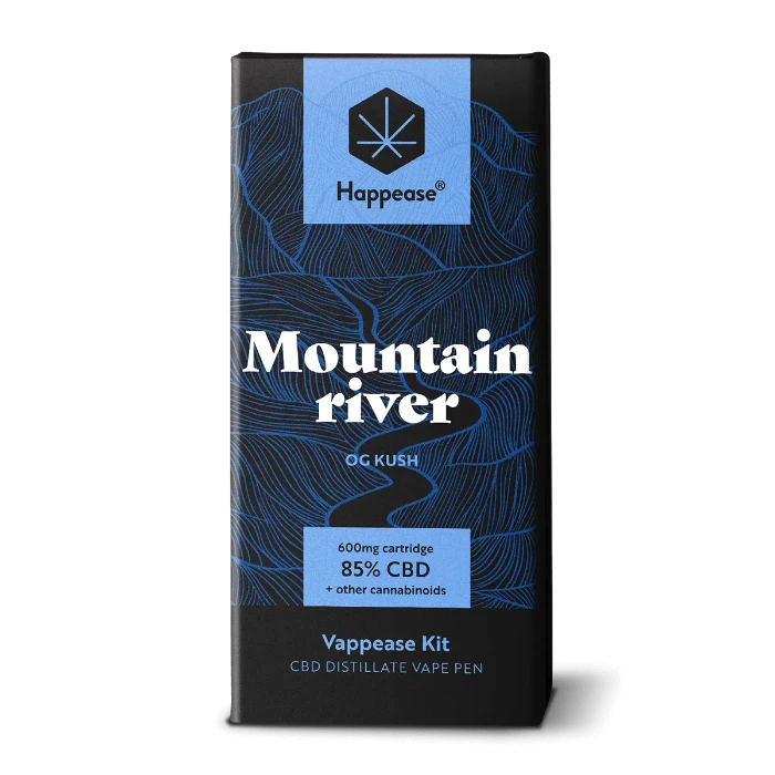 Happease Vaping Starter Kit 85% Cannabinoids Mountain River box, standing upright.