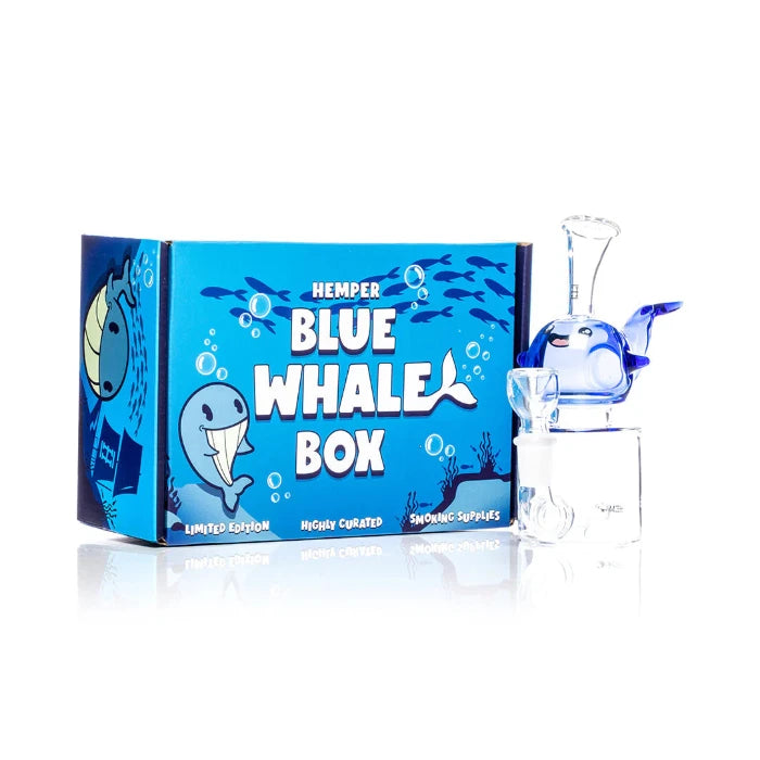 Hemper Blue Whale Bong 6.5″ with matching illustrated box, shaped like a playful blue whale with detailed fins and spout.