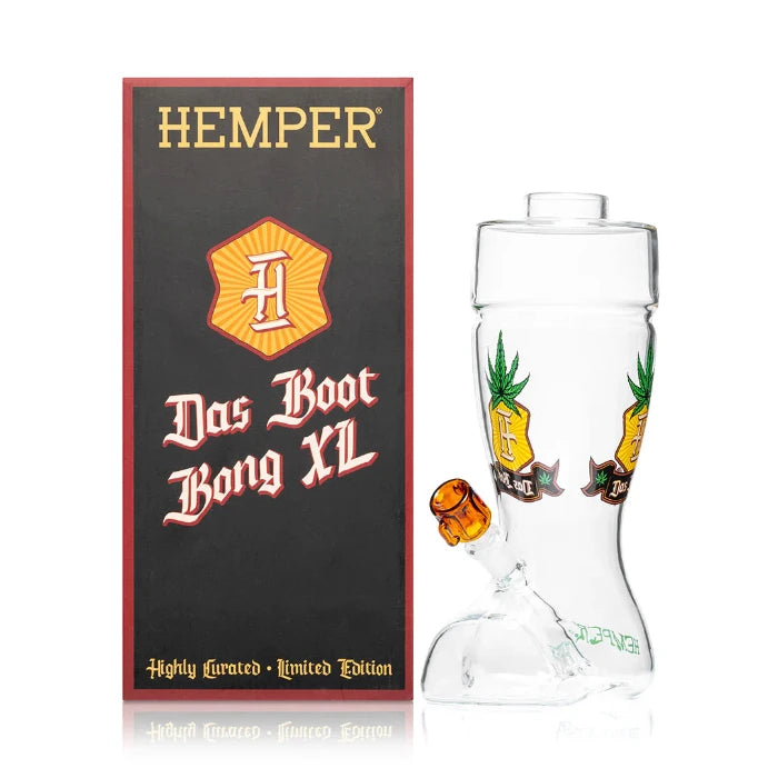 Hemper Das Boot XL Bong 10″ with matching illustrated box, shaped like a tall beer boot with bold glass details.