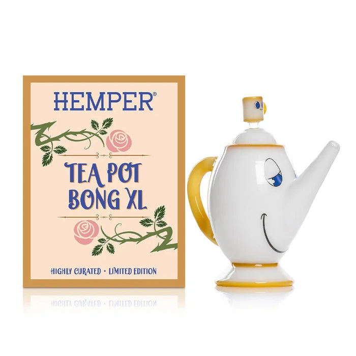 Hemper Tea Pot XL Bong 8″ with matching illustrated box, shaped like a classic teapot with a wide base and elegant handle.