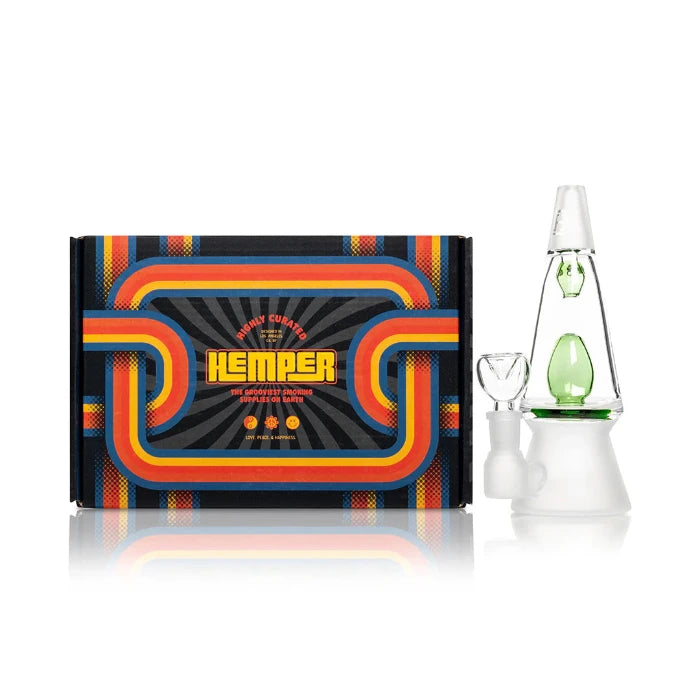 Hemper That 70’s Bong green with matching illustrated box, groovy 70s vibe and colored accents.