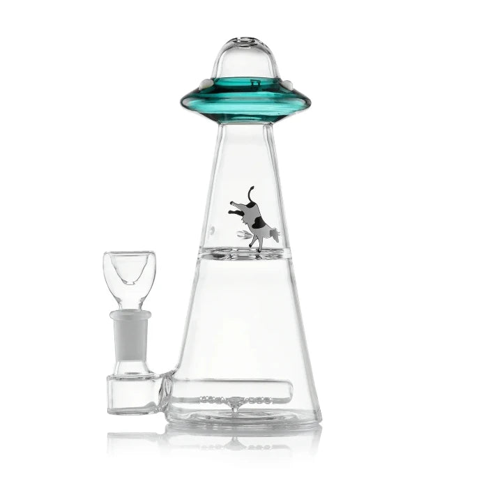 Hemper UFO Vortex Bong 7″, featuring a transparent glass bong with teal accents and vortex design for a sci-fi experience.