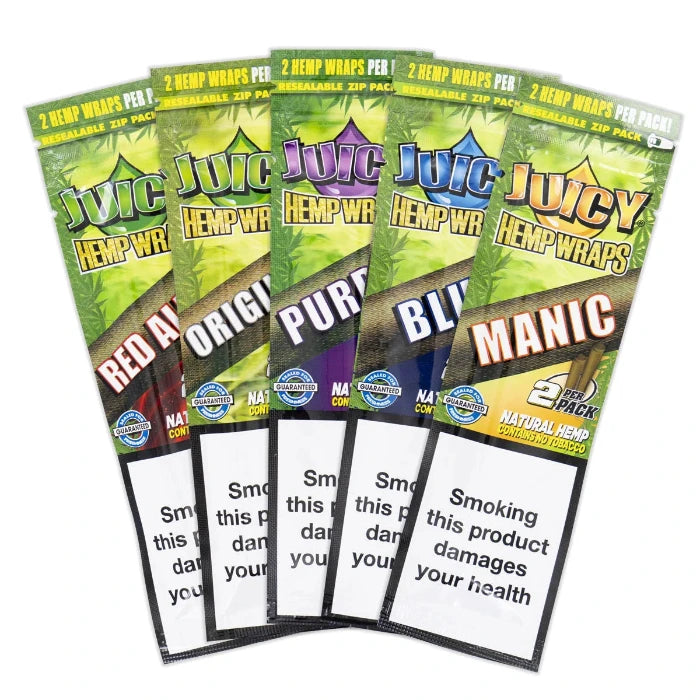 Close-up of all 5 Juicy Hemp Wraps varieties grouped together.