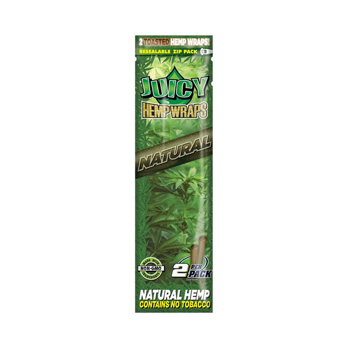 Close-up of Juicy Hemp Wraps pack standing upright.