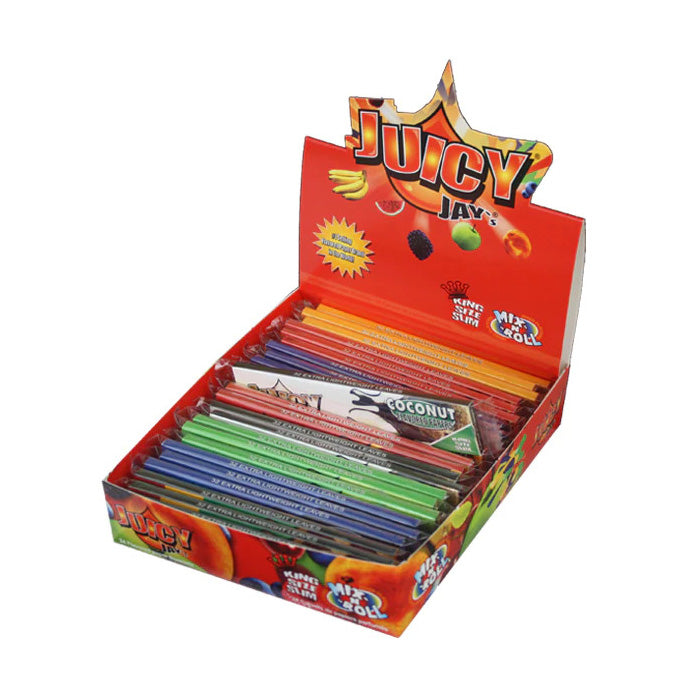 Close-up of Juicy Jay's King Size Rolling Papers display, showing all available flavors inside.