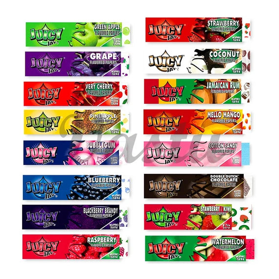 Close-up of all available Juicy Jay's King Size Rolling Papers varieties laid flat.