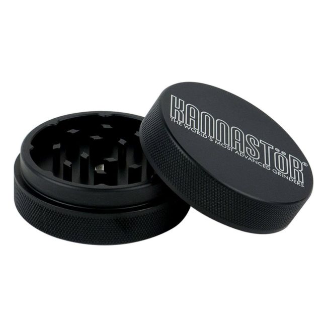 Kannastör® 2 Parts 56mm Black Grinder, opened to show interior.