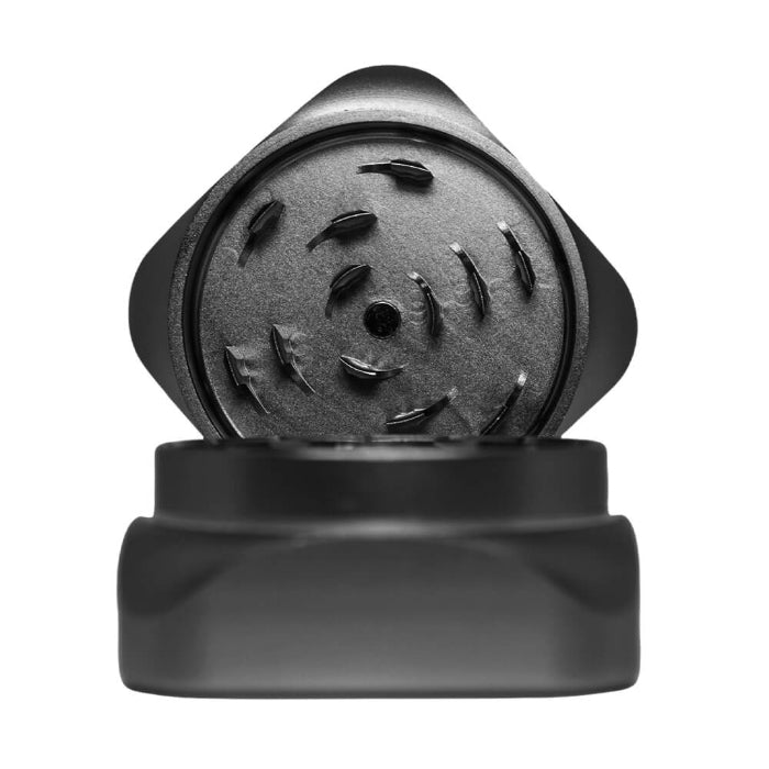 Krush Kube 2.0 Aluminium Grinder 2 Parts 55 mm Black opened, with lid facing forward showing grinding teeth.