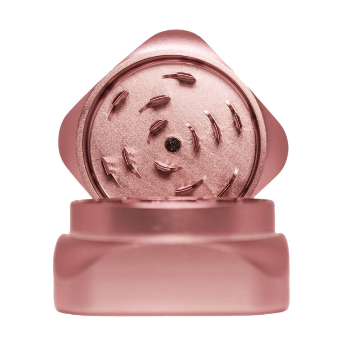 Krush Kube 2.0 Aluminium Grinder 2 Parts 55 mm Rose Gold opened, with lid facing forward showing grinding teeth.