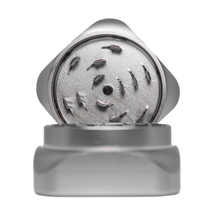 Krush Kube 2.0 Aluminium Grinder 2 Parts 55 mm Steel Grey opened, with lid facing forward showing grinding teeth.