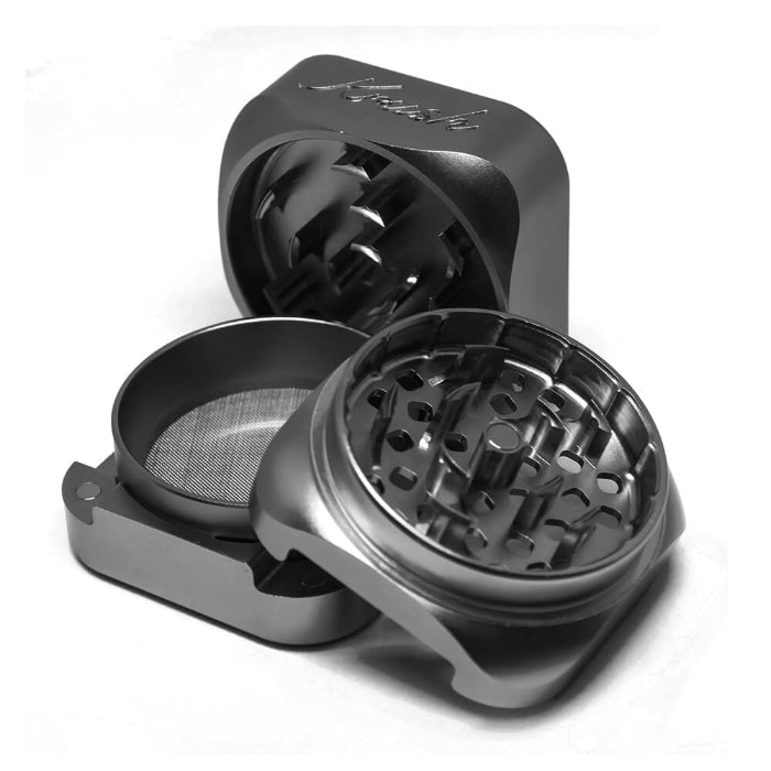 Krush Kube 3.0 Aluminium Grinder 3 Parts 55 mm Black fully opened, showing mesh screen.