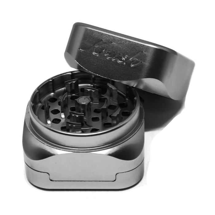 Krush Kube 3.0 Aluminium Grinder 3 Parts 55 mm Black with lid open.