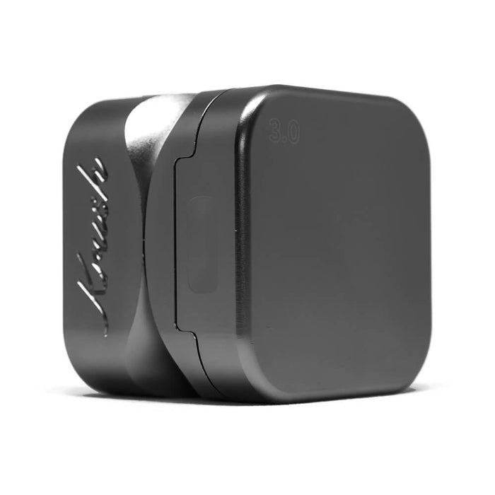 Krush Kube 3.0 Aluminium Grinder 3 Parts 55 mm Black standing on its side.