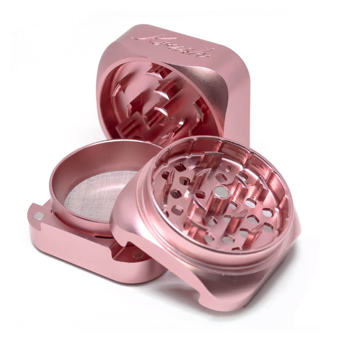 Krush Kube 3.0 Aluminium Grinder 3 Parts 55 mm Rose Gold fully opened, showing mesh screen.