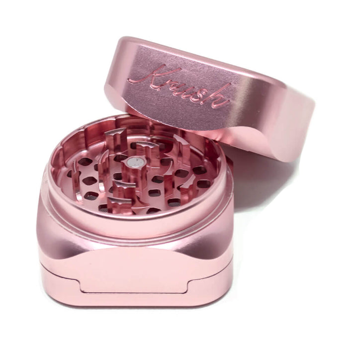 Krush Kube 3.0 Aluminium Grinder 3 Parts 55 mm Rose Gold with lid open.