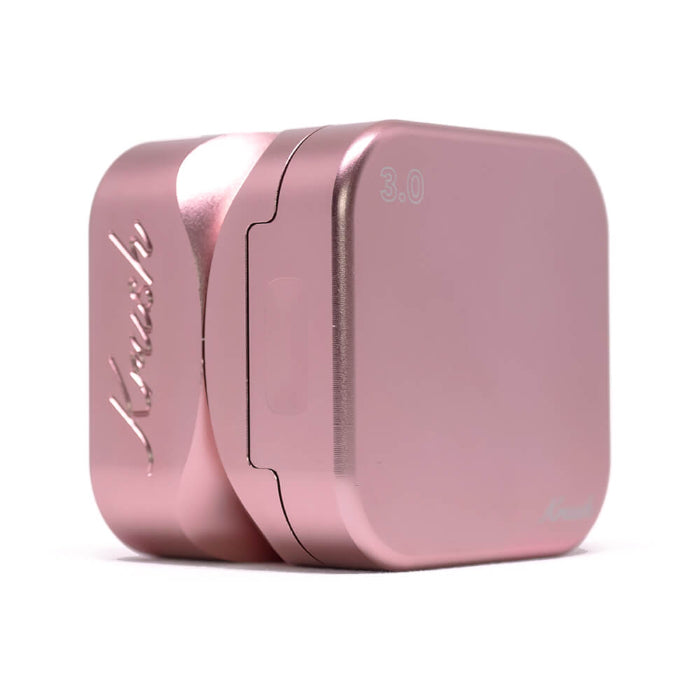Krush Kube 3.0 Aluminium Grinder 3 Parts 55 mm Rose Gold standing on its side.