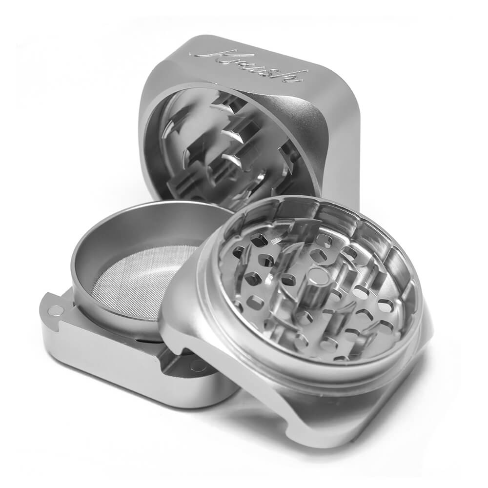 Krush Kube 3.0 Aluminium Grinder 3 Parts 55 mm Steel Grey fully opened, showing mesh screen.