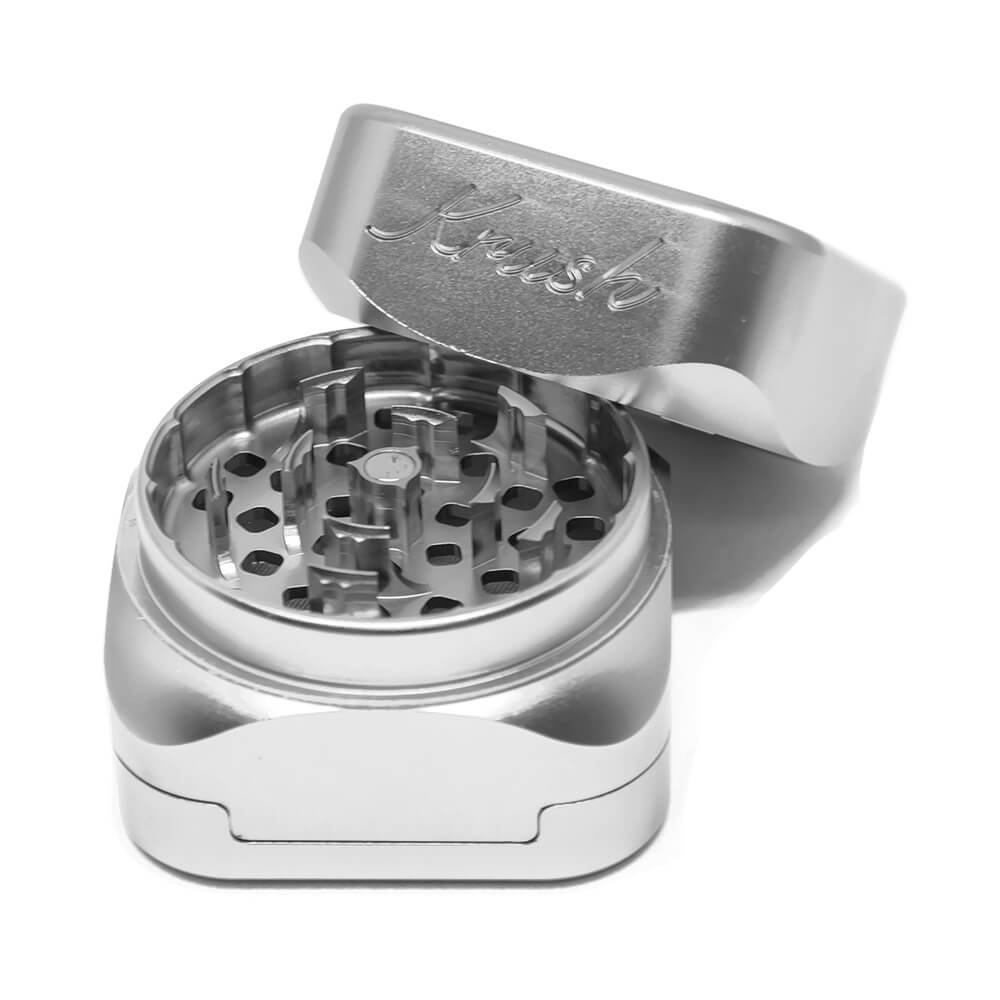 Krush Kube 3.0 Aluminium Grinder 3 Parts 55 mm Steel Grey with lid open.